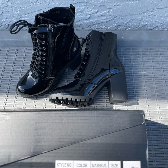 Patent Black Heeled Combat Boots - Picture 4 of 4